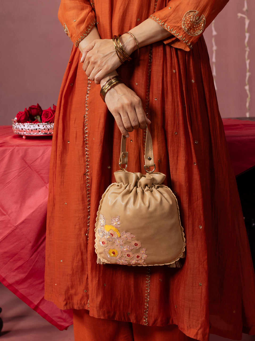 Beige Hand Embroidered Dabka Pitta Roses Potli Bag