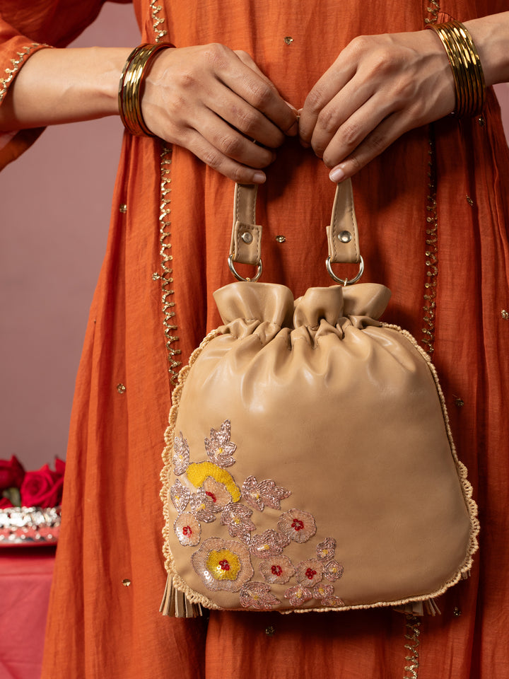 Beige Hand Embroidered Dabka Pitta Roses Potli Bag
