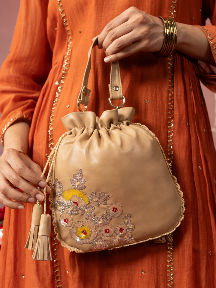 Beige Hand Embroidered Dabka Pitta Roses Potli Bag