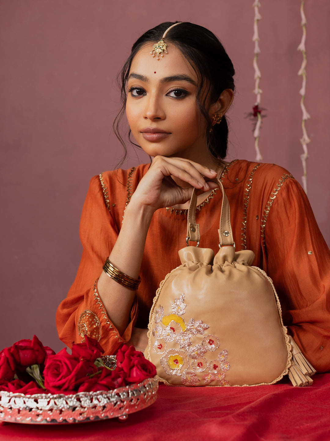 Beige Hand Embroidered Dabka Pitta Roses Potli Bag