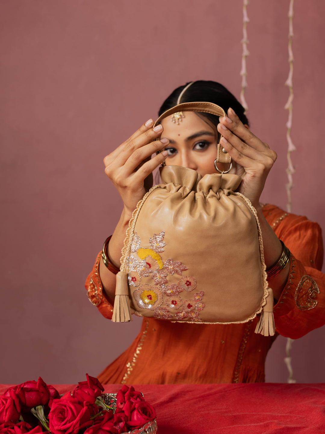 Beige Hand Embroidered Dabka Pitta Roses Potli Bag