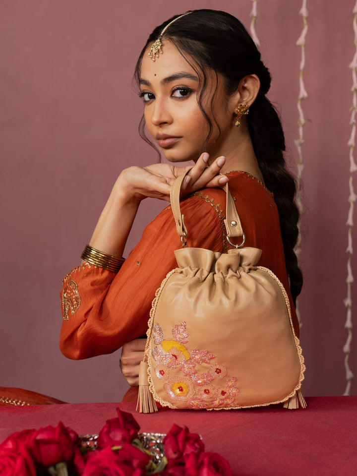 Beige Hand Embroidered Dabka Pitta Roses Potli Bag