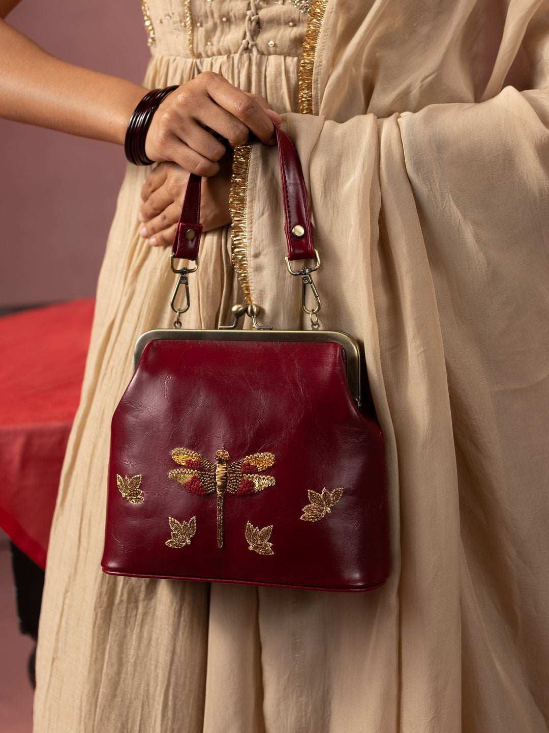 Dragonfly - Hand Embroidered Vintage Clutch - Maroon