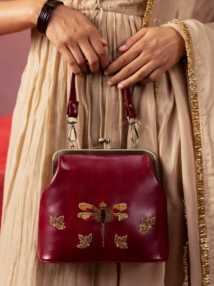 Dragonfly - Hand Embroidered Vintage Clutch - Maroon