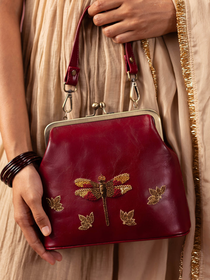 Dragonfly - Hand Embroidered Vintage Clutch - Maroon