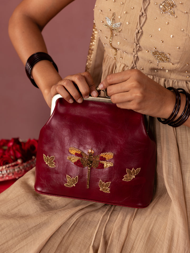 Dragonfly - Hand Embroidered Vintage Clutch - Maroon