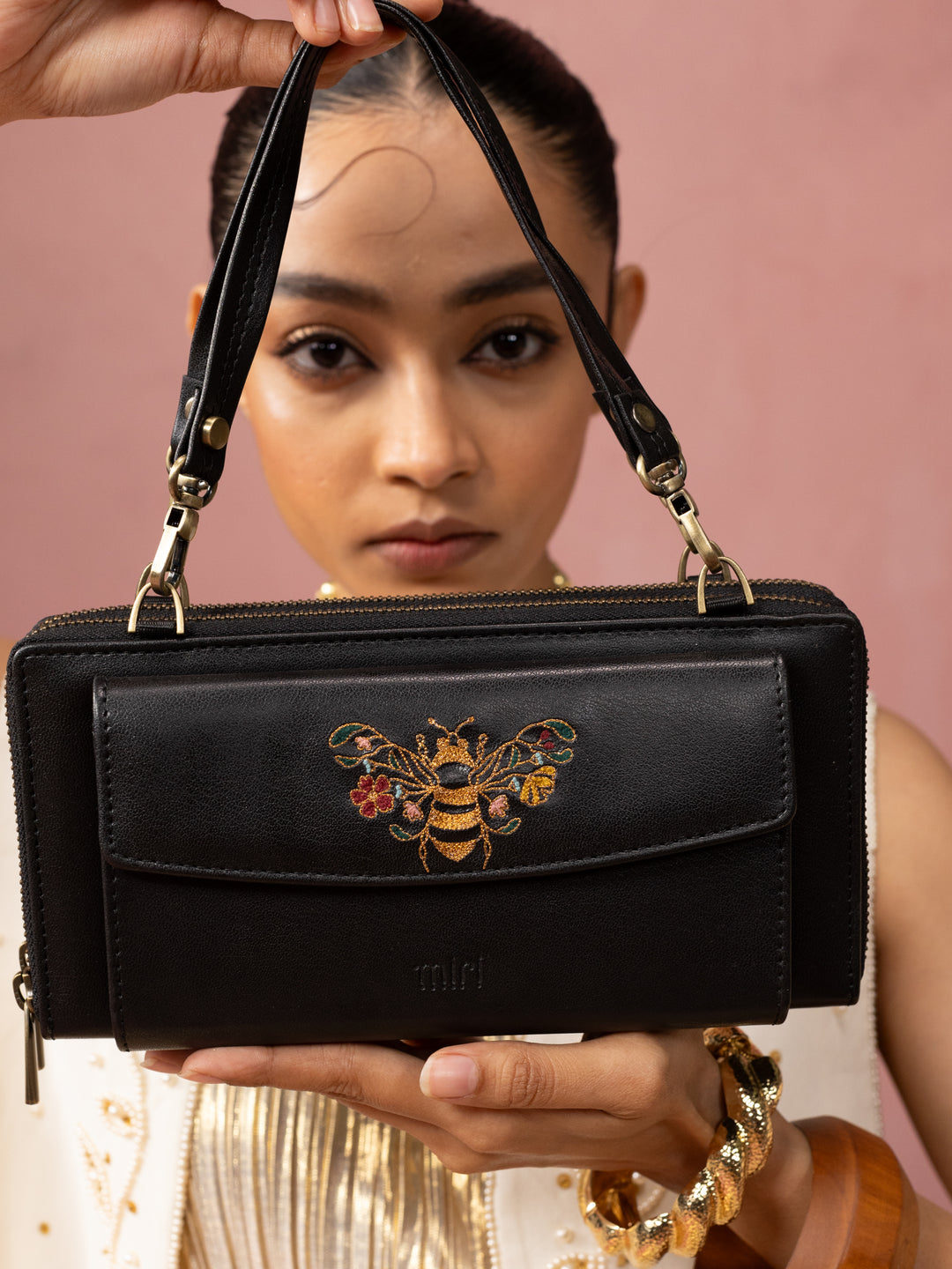 Queenbee Hand Embroidered Wallet. Wrist Sling - Midnight Black