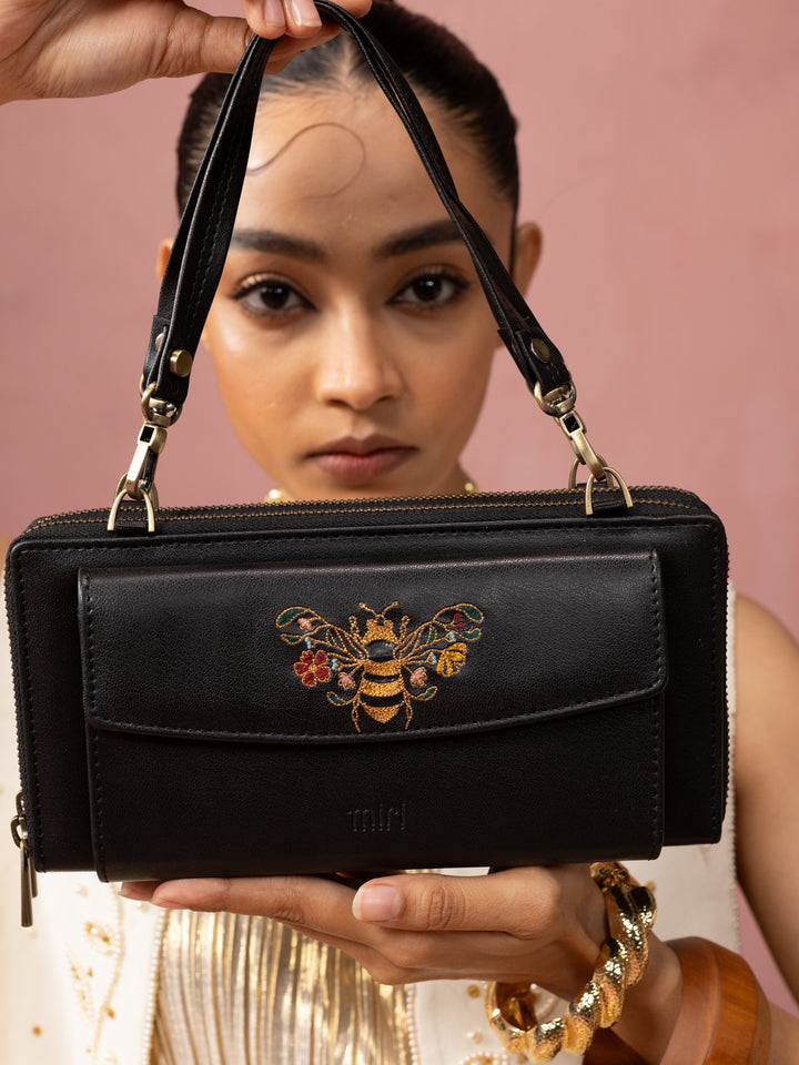 Queenbee Hand Embroidered Wallet. Wrist Sling - Midnight Black