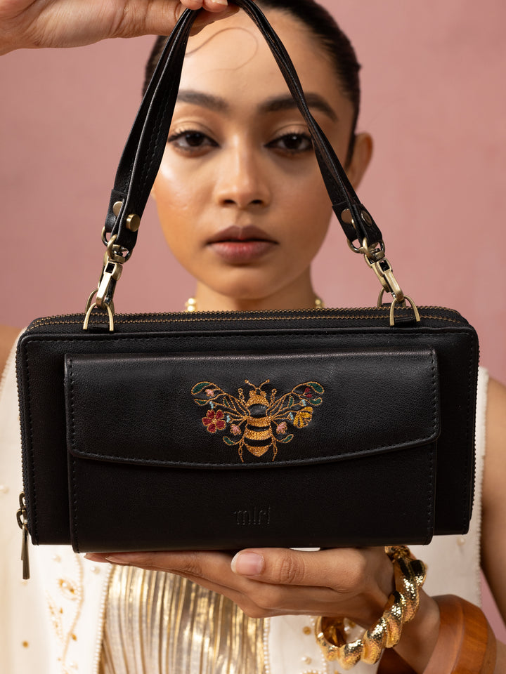 Queenbee Hand Embroidered Wallet. Wrist Sling - Midnight Black