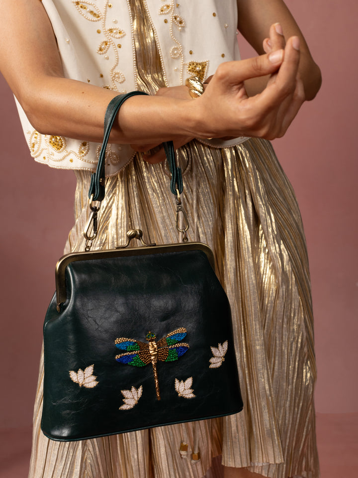Dragonfly - Hand Embroidered Vintage Clutch - Green
