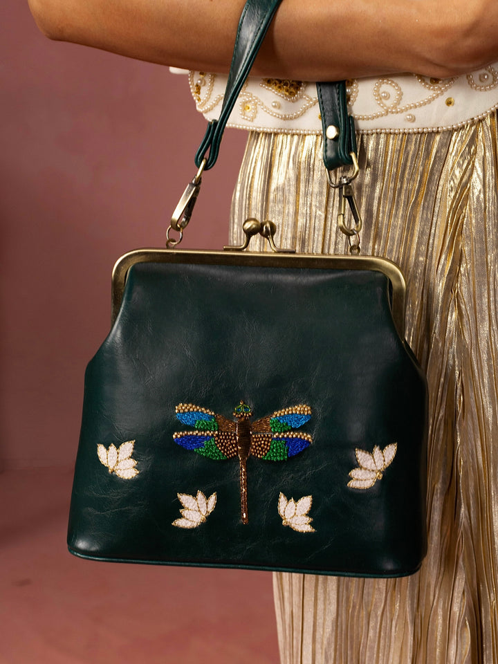 Dragonfly - Hand Embroidered Vintage Clutch - Green