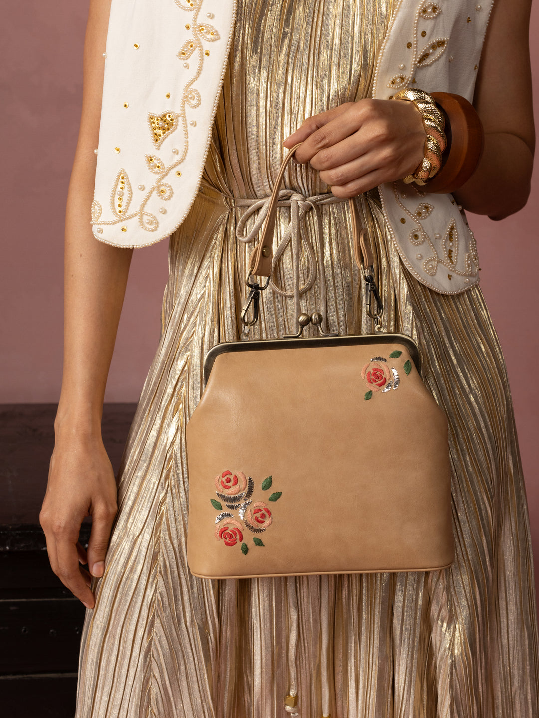 Three Roses - Hand Embroidered Vintage Clutch - Beige