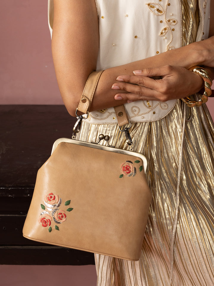 Three Roses - Hand Embroidered Vintage Clutch - Beige