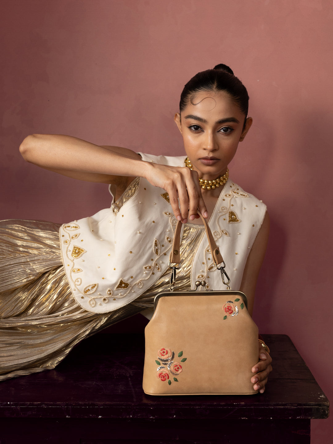 Three Roses - Hand Embroidered Vintage Clutch - Beige