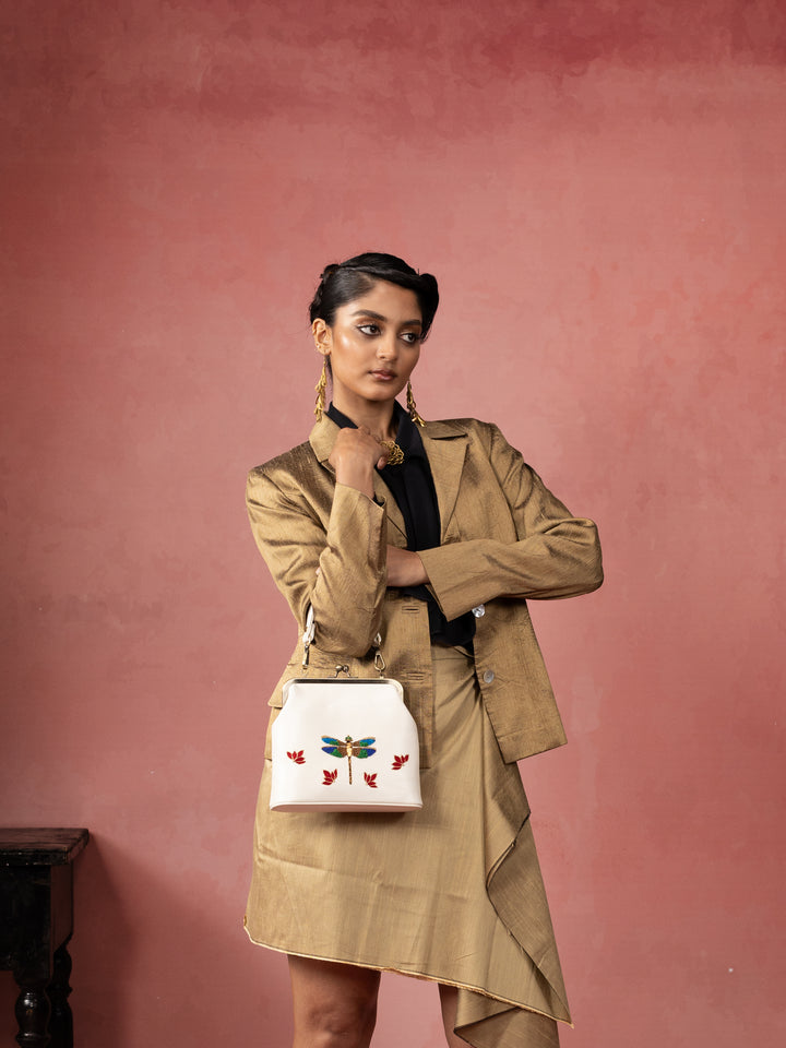 Ivory Hand Embroidered Metallic Dragonfly Clutch