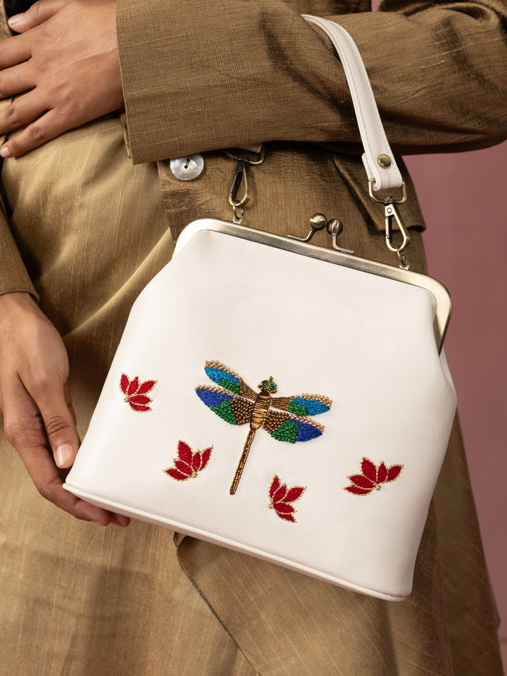 Ivory Hand Embroidered Metallic Dragonfly Clutch