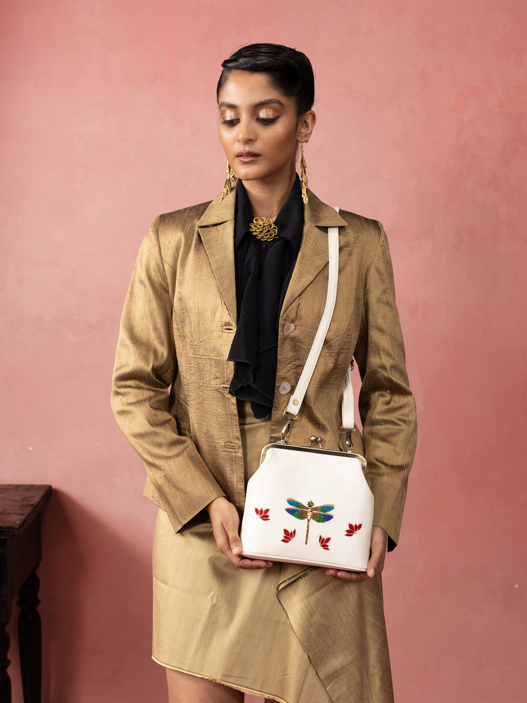 Ivory Hand Embroidered Metallic Dragonfly Clutch