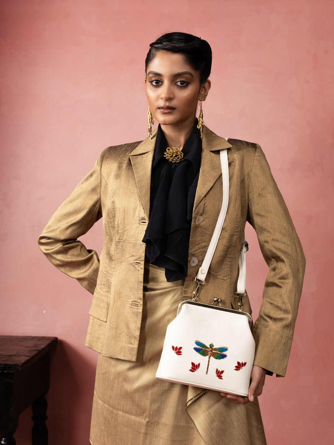 Ivory Hand Embroidered Metallic Dragonfly Clutch