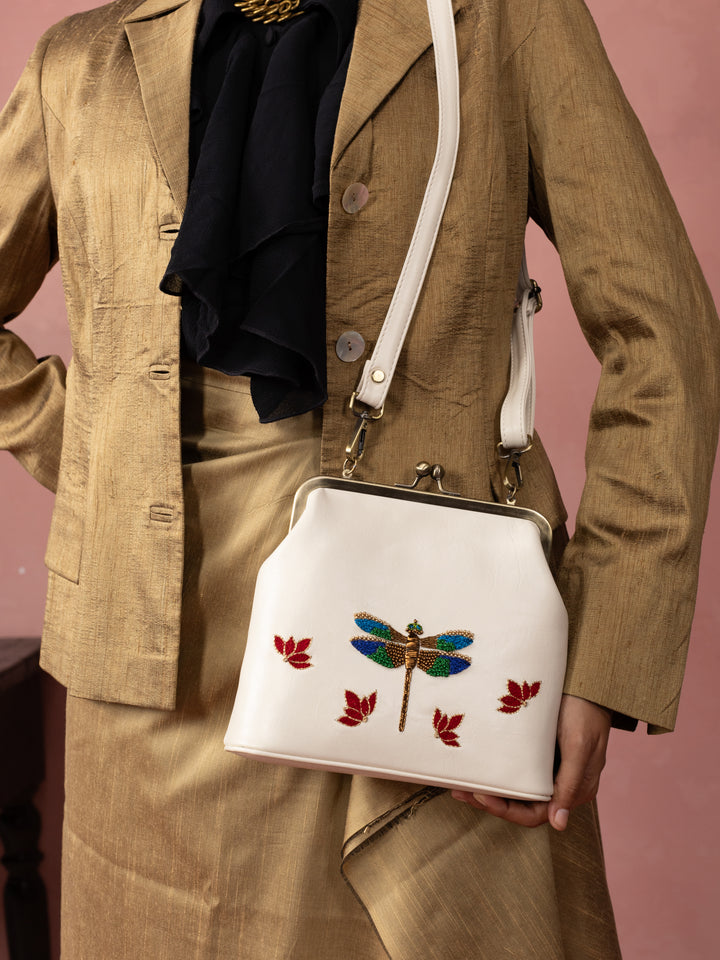 Ivory Hand Embroidered Metallic Dragonfly Clutch