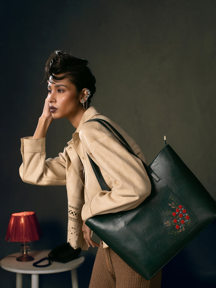 Van Gulab Hand Embroidered Safar Tote - Green