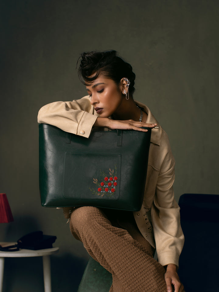 Van Gulab Hand Embroidered Safar Tote - Green