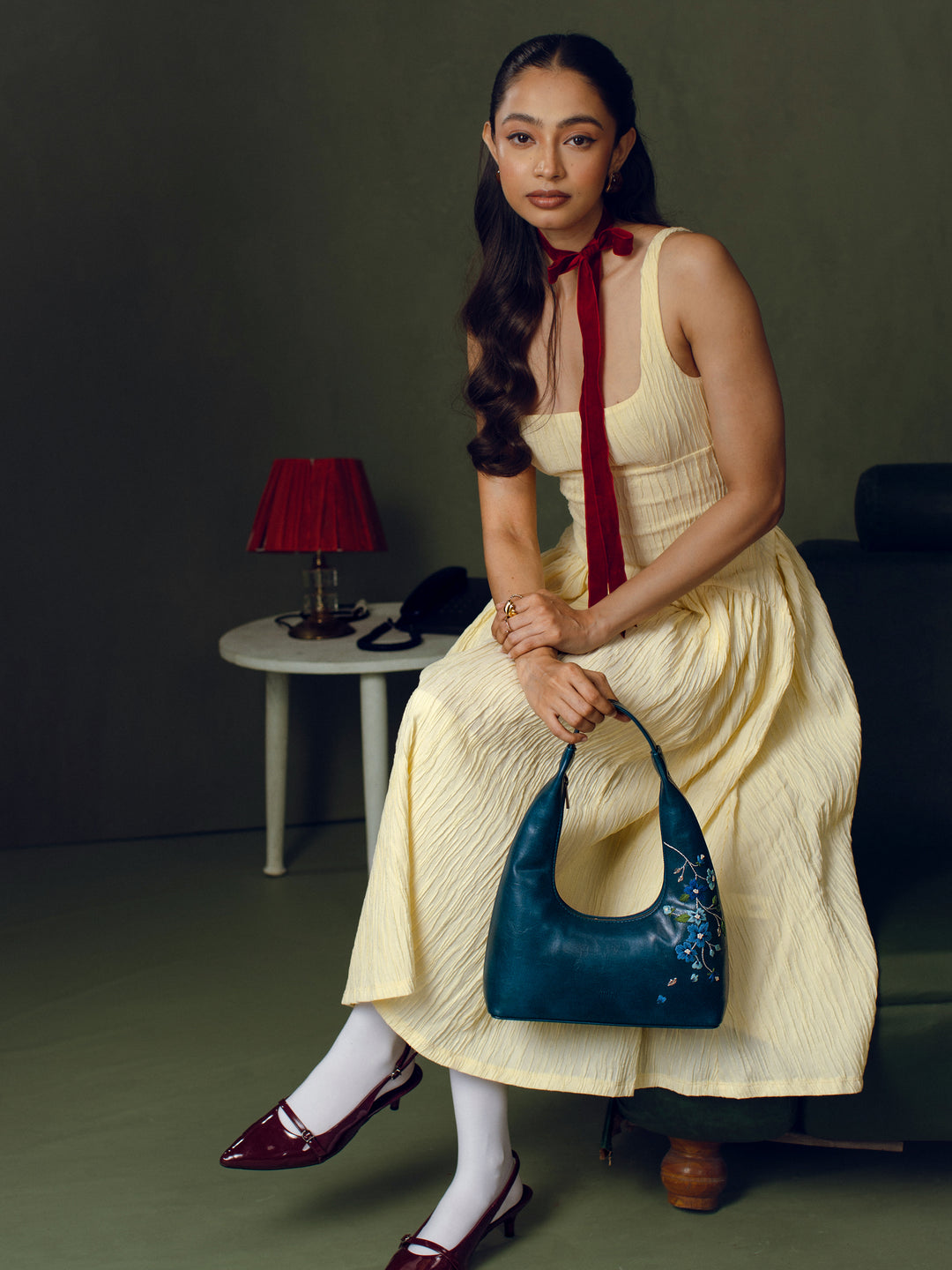 Misty Petals Hand Embroidered Shoulder Bag - Teal