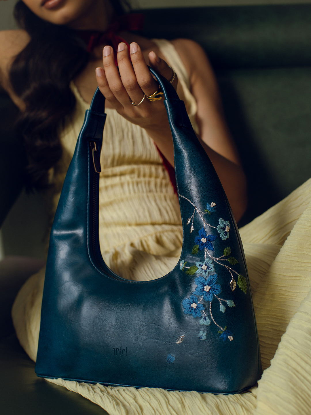 Misty Petals Hand Embroidered Shoulder Bag - Teal