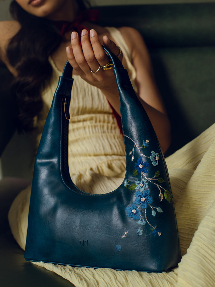 Misty Petals Hand Embroidered Shoulder Bag - Teal