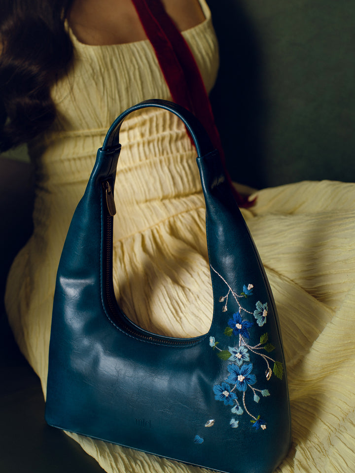 Misty Petals Hand Embroidered Shoulder Bag - Teal