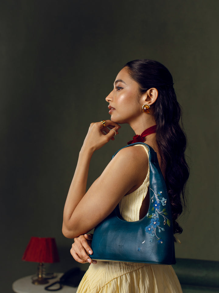 Misty Petals Hand Embroidered Shoulder Bag - Teal