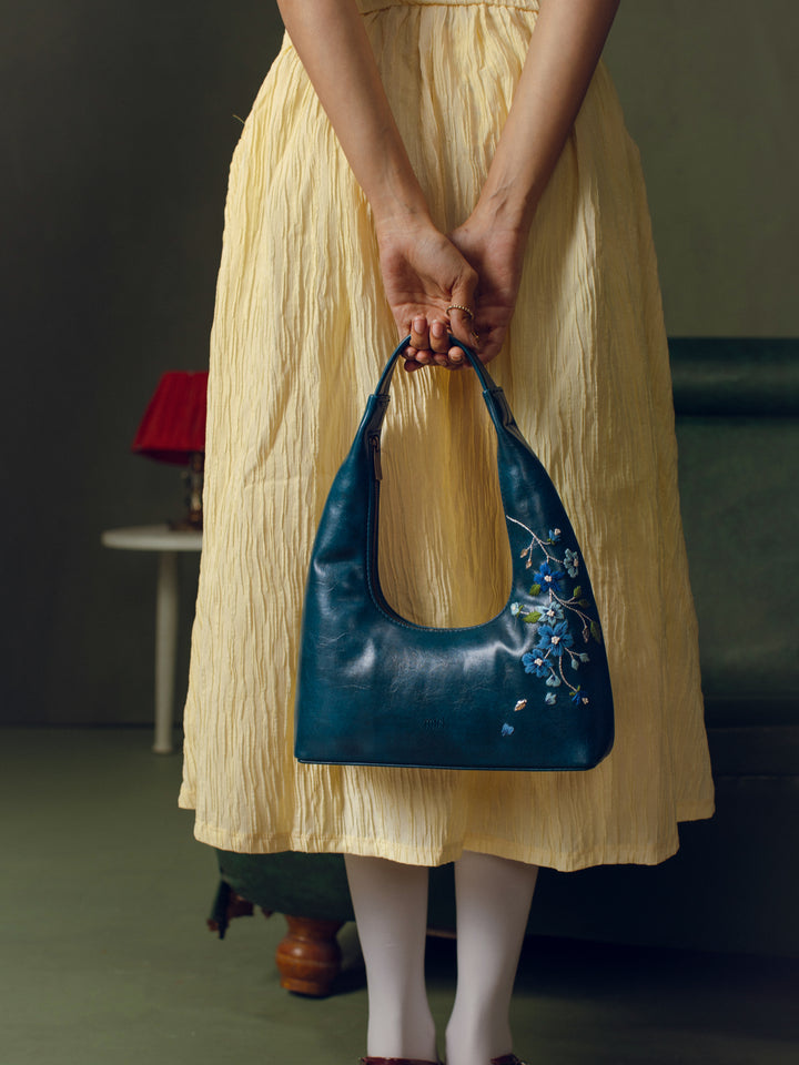 Misty Petals Hand Embroidered Shoulder Bag - Teal