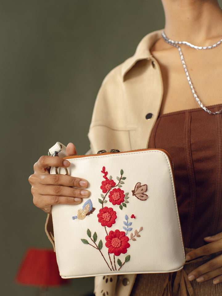 Red Daisy Hand Embroidered Colaba Sling - Ivory