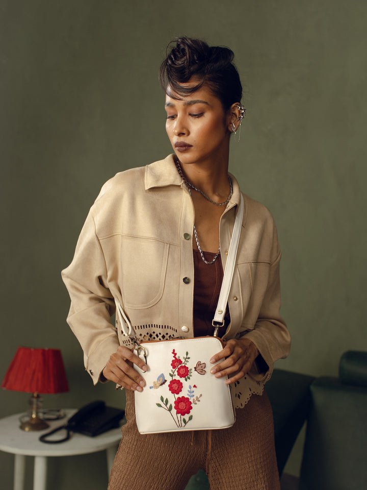 Red Daisy Hand Embroidered Colaba Sling - Ivory