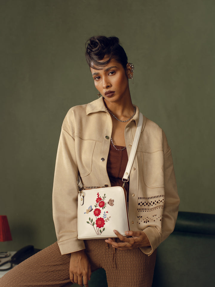 Red Daisy Hand Embroidered Colaba Sling - Ivory