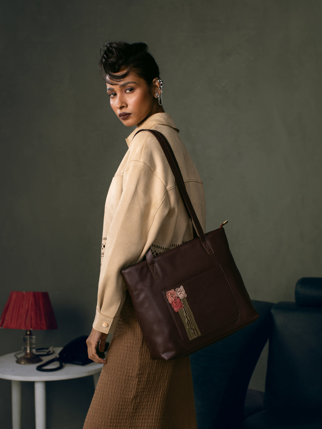 Pahadi Barish Hand Embroidered Safar Tote Bag - Peach