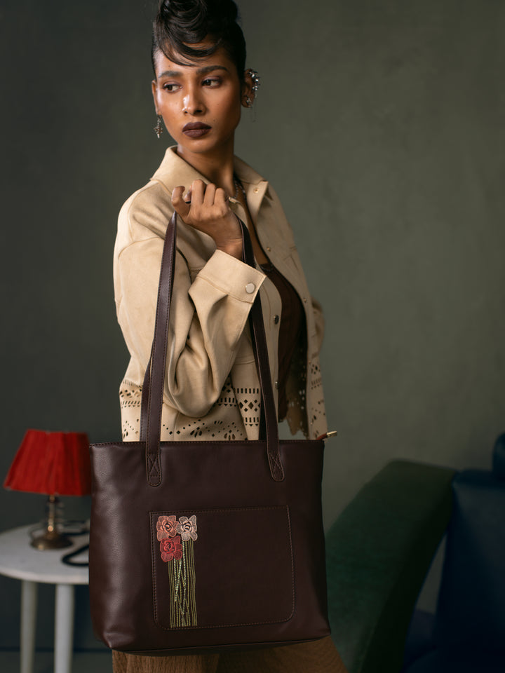 Pahadi Barish Hand Embroidered Safar Tote Bag - Peach