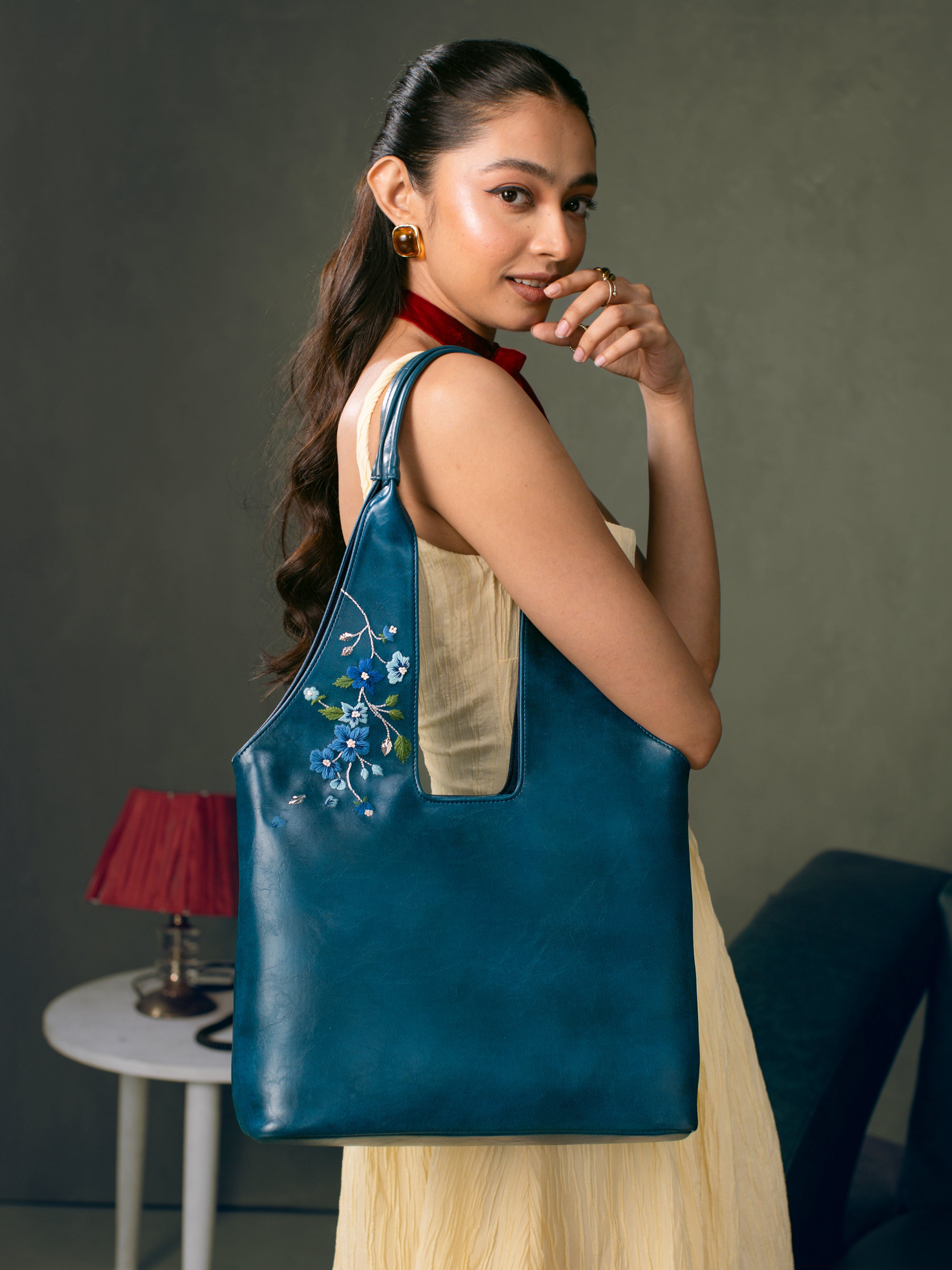 Misty Petals Hand Embroidered Chowk Tote - Teal Blue – Miri