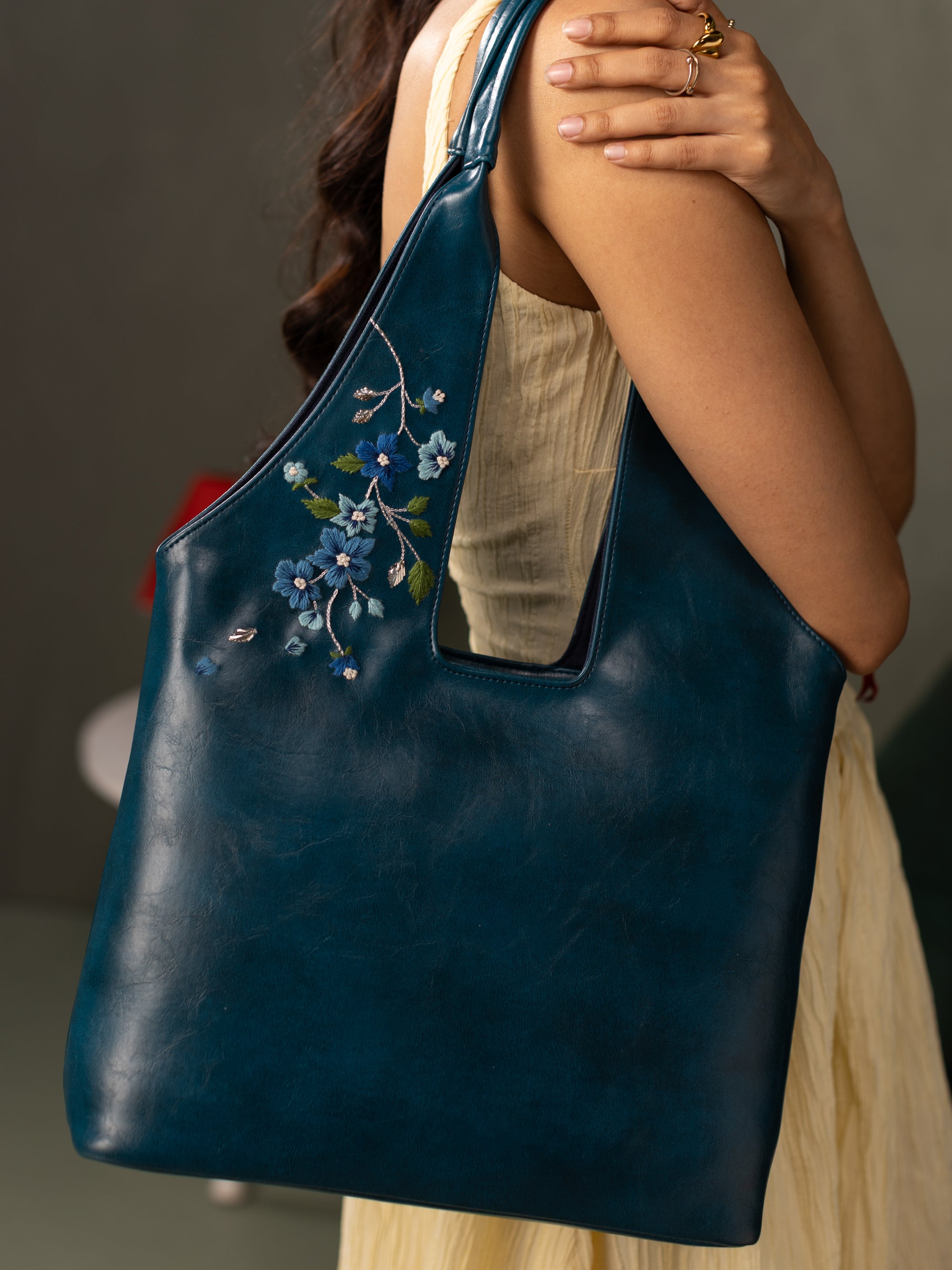 Misty Petals Hand Embroidered Chowk Tote - Teal Blue – Miri