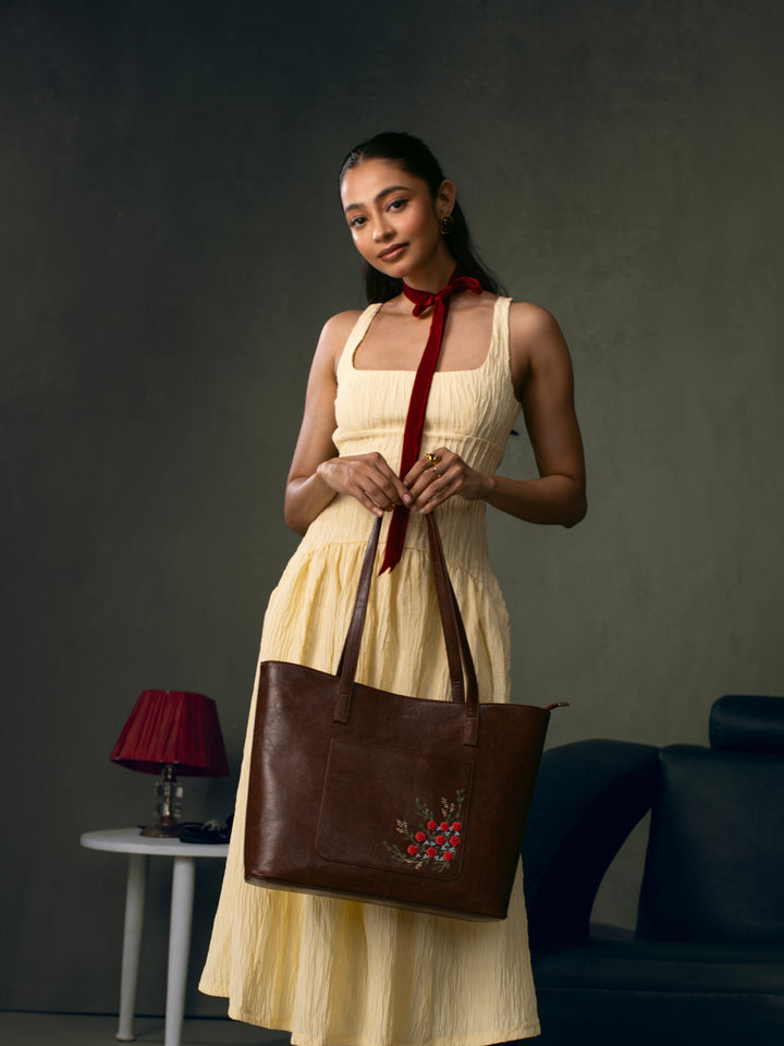 Van Gulab Hand Embroidered Safar Tote - Brown