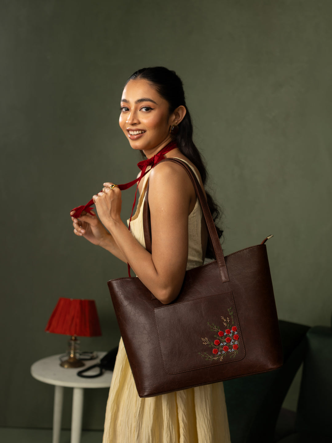 Van Gulab Hand Embroidered Safar Tote - Brown