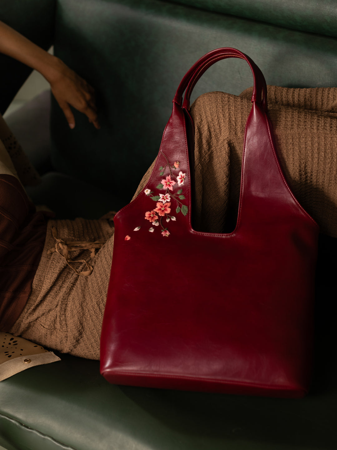 Misty Petals Hand Embroidered Chowk Tote - Kafal Berry