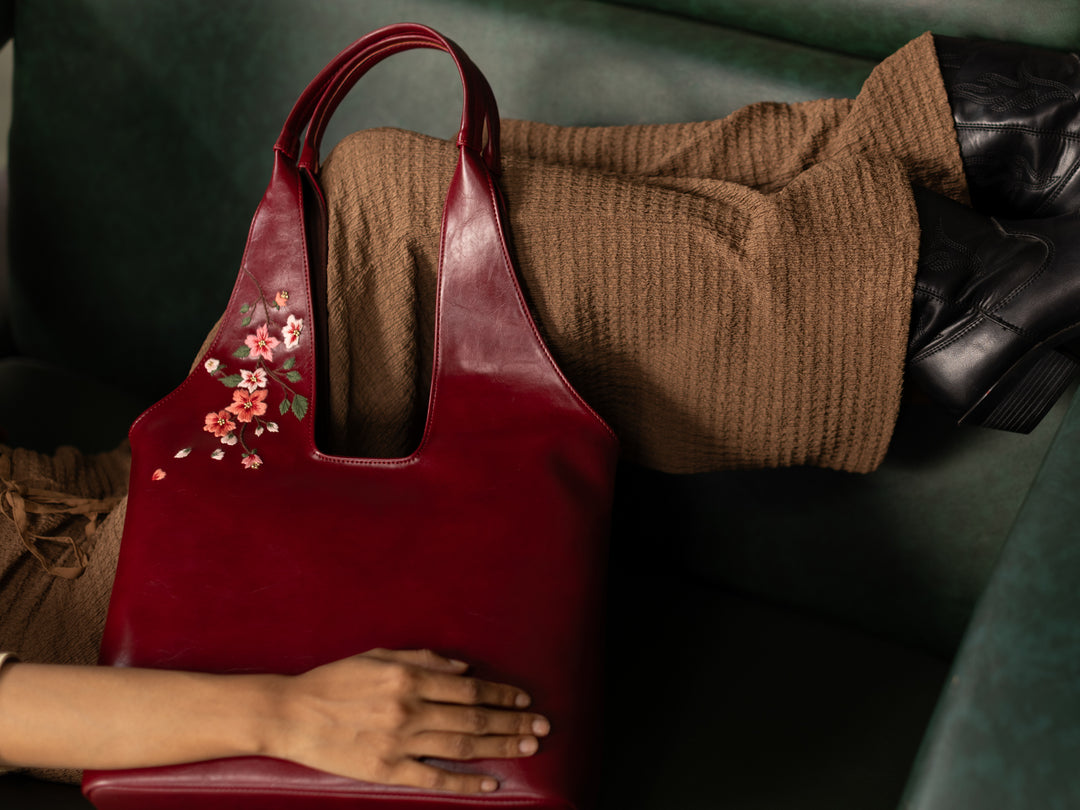 Misty Petals Hand Embroidered Chowk Tote - Kafal Berry