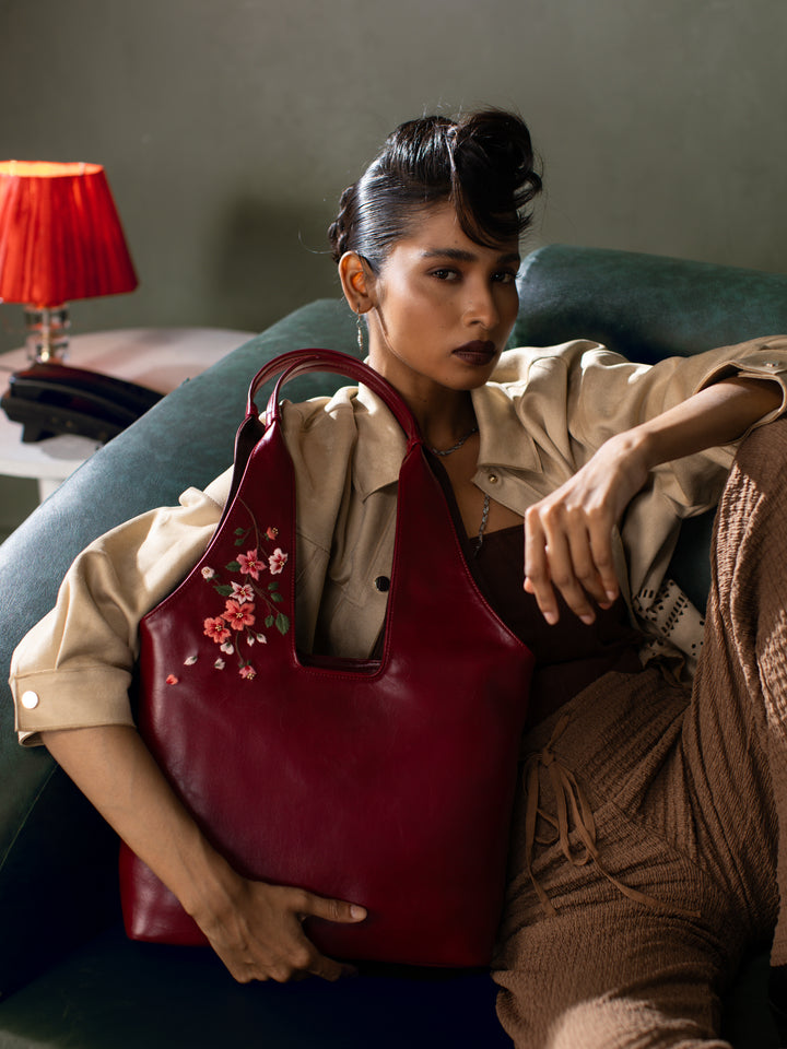 Misty Petals Hand Embroidered Chowk Tote - Kafal Berry