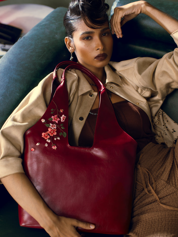 Misty Petals Hand Embroidered Chowk Tote - Kafal Berry