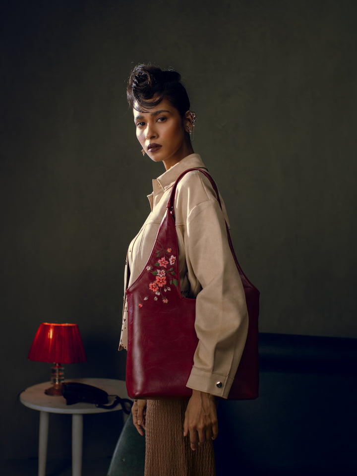 Misty Petals Hand Embroidered Chowk Tote - Kafal Berry