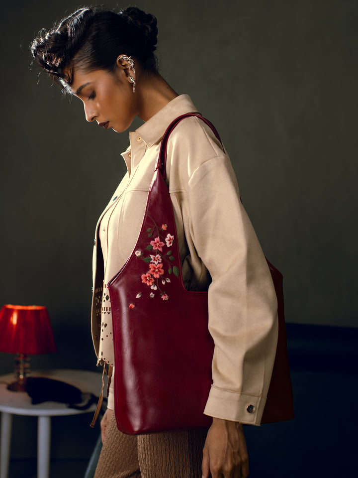 Misty Petals Hand Embroidered Chowk Tote - Kafal Berry