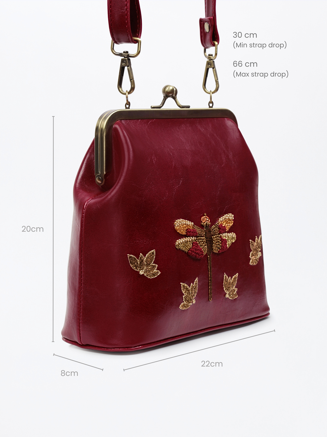 Dragonfly Hand Embroidered 70s Kisslock Clutch - Maroon