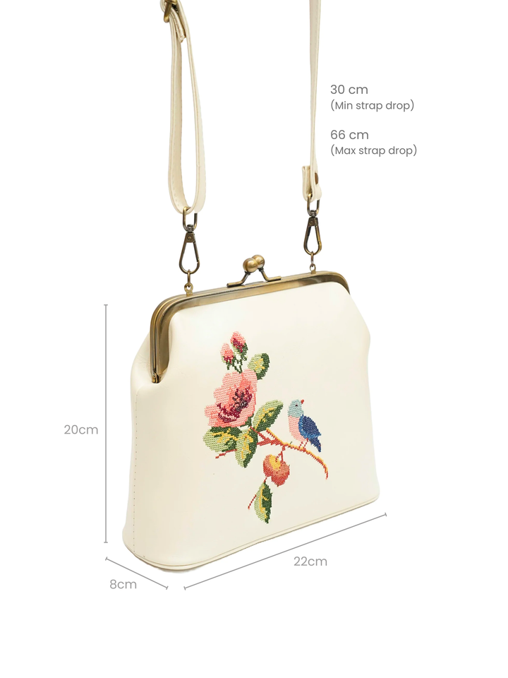Morning Melody Cross Stitched Kisslock Clutch - White