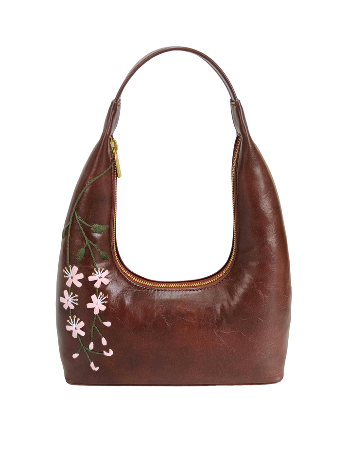 Cherry Blossoms Hand Embroidered Shoulder Bag - Brown