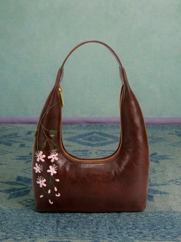 Cherry Blossoms Hand Embroidered Shoulder Bag - Brown
